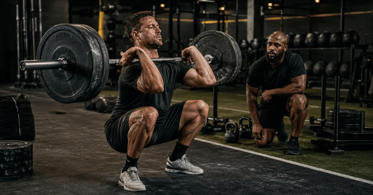HYROX Strength Training in Dallas: How Real Strength Drives Race Performance Athlete performs a front squat with a loaded barbell while a coach observes technique and form during a HYROX strength training session in Dallas.
