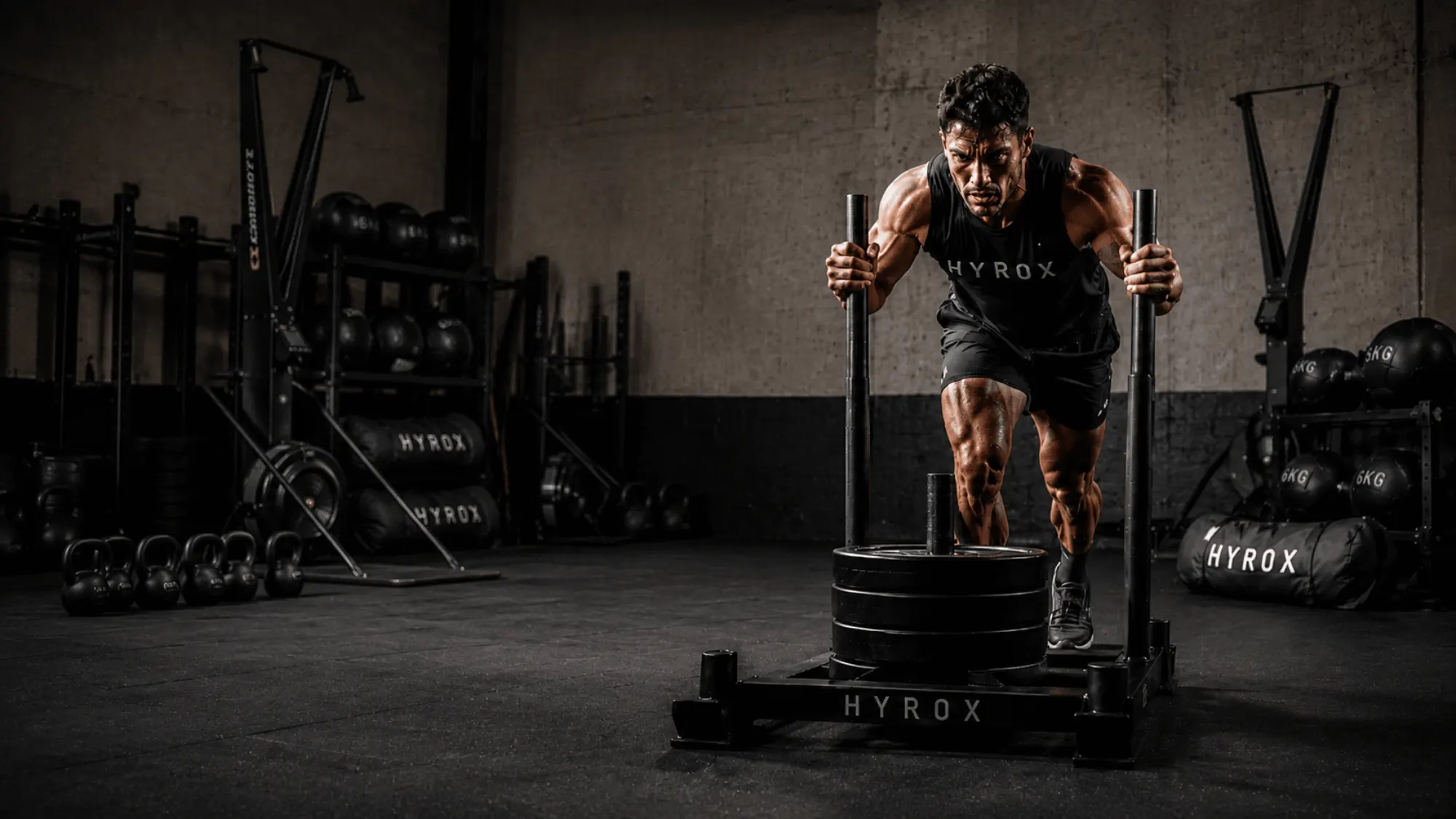 HYROX Strength Training in Dallas Athlete performing a heavy sled push during a HYROX training session inside a Dallas gym, surrounded by kettlebells, medicine balls, and functional fitness equipment.