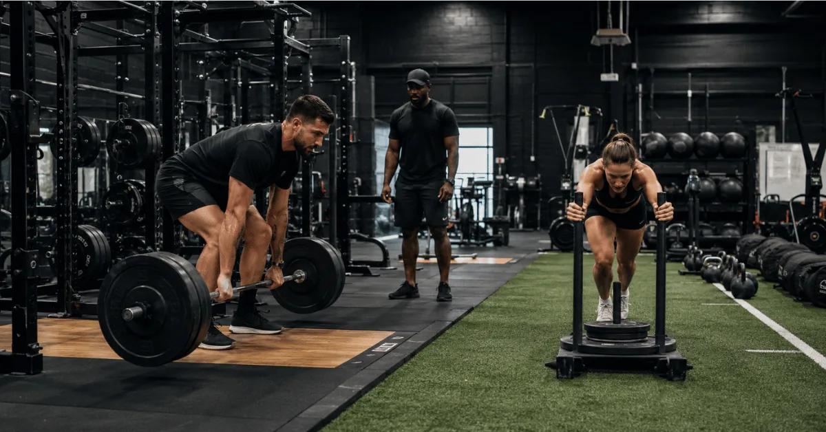 Where to Train for HYROX in Dallas: How to Choose a HYROX Training Gym Athletes perform HYROX-style training in a gym, combining deadlifts, sled pushes, and coaching to develop both strength and endurance.