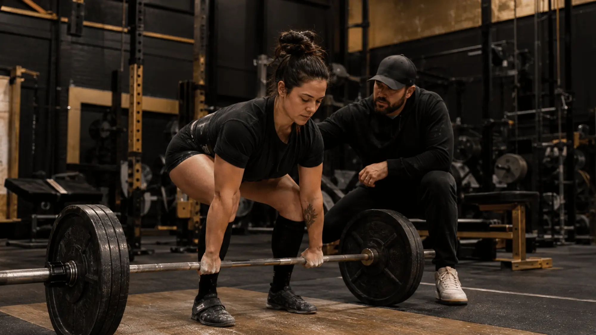 Powerlifting Classes in Dallas Female athlete performs a deadlift while receiving one-on-one coaching from a powerlifting instructor in a strength training gym.