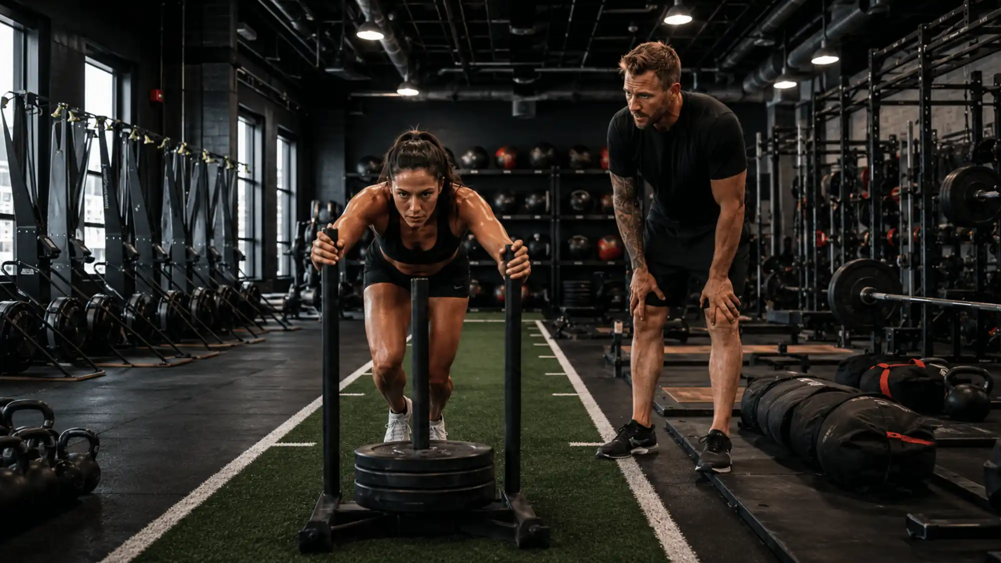Coach monitors an athlete pushing a weighted sled on indoor turf during a HYROX training workout focused on race-specific conditioning and strength.