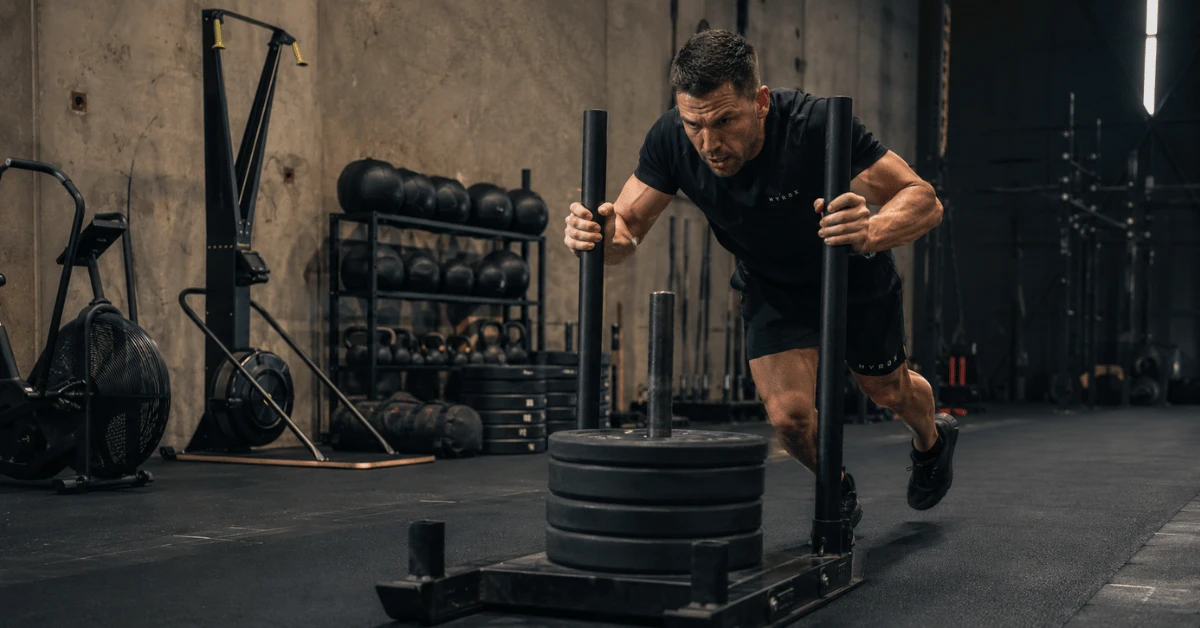 HYROX Strength Training in Dallas: How Real Strength Drives Race Performance Athlete drives a weighted sled across the gym floor during HYROX training, demonstrating the strength and power required for race-day performance.