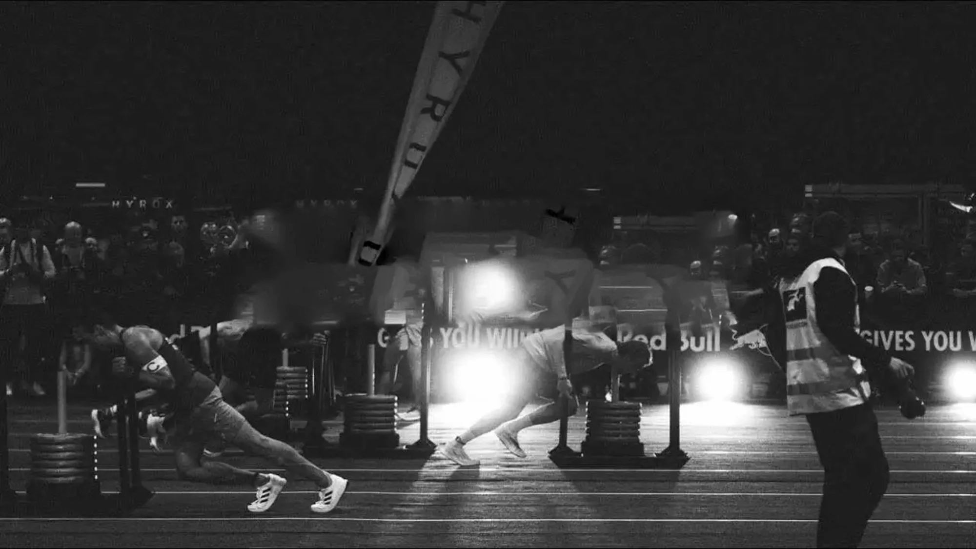 Strength Personal Training in Dallas: How Serious Athletes Build Real Strength HYROX athletes push weighted sleds during race competition, demonstrating strength, power, and functional performance under competitive conditions.