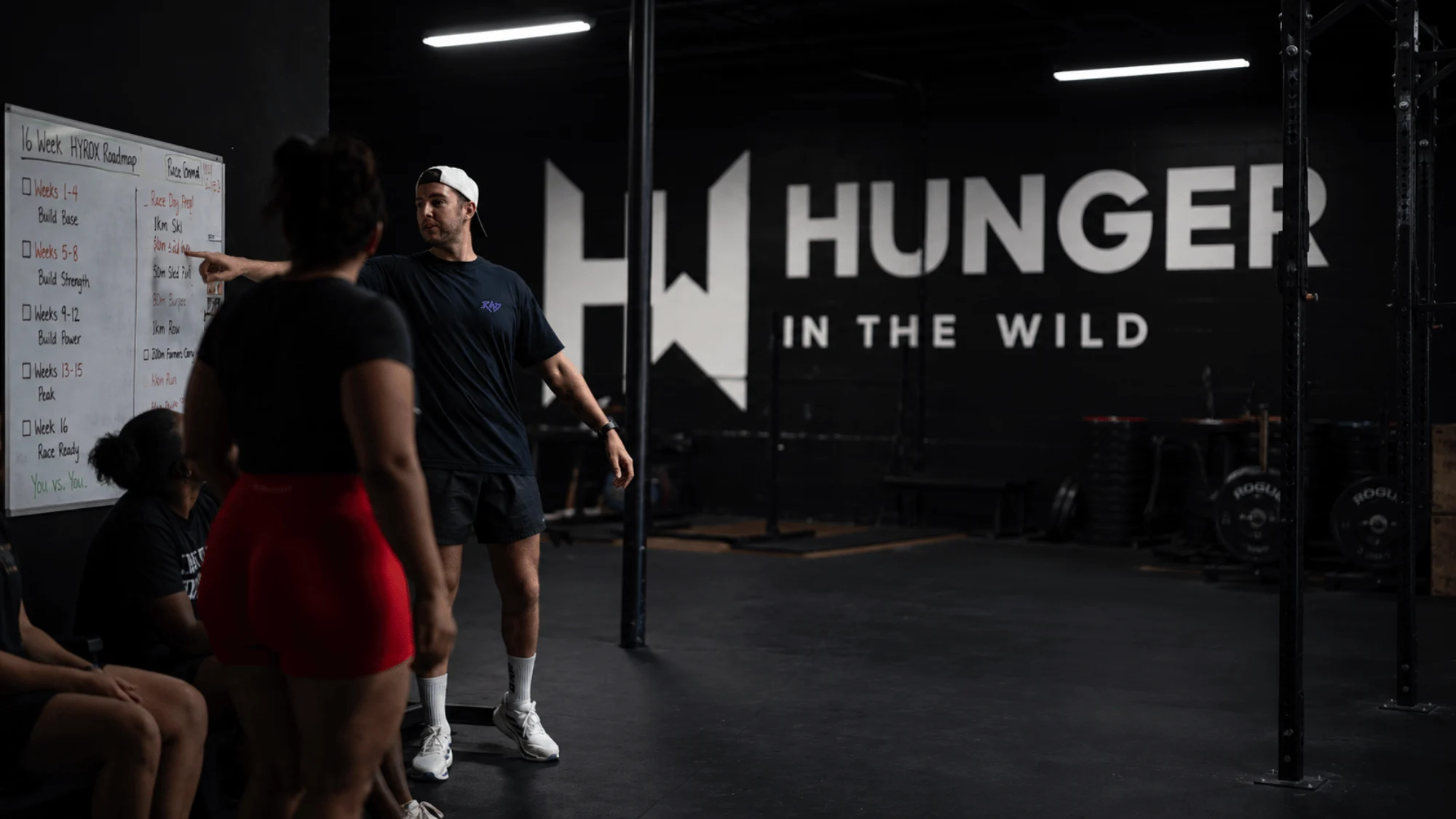 Who Is the Best HYROX Coach in Dallas for Improving My Race Time? Coach reviews a 16-week HYROX training roadmap with athletes, explaining race preparation, progression, and performance goals at Hunger in the Wild Gym.