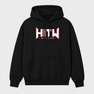 Black HITW Dallas heavyweight pullover hoodie: white HITW lettering outlined in red with DALLAS underneath